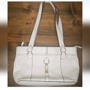 Vintage Etienne Aigner 70329 Leather Satchel Handbag White Multi Pockets Gold